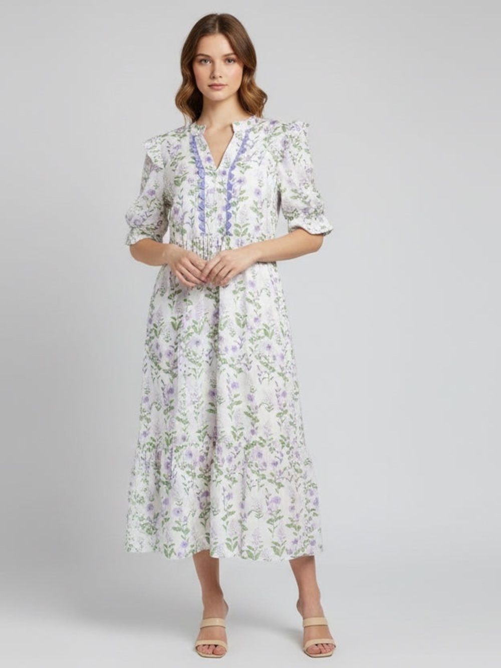 Beeson River White Dress with Lavender Floral Print
